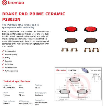 Brembo OE Front Premium NAO Ceramic Brake Pads | Acura RSX (02-06) / Honda Civic (06-11) / S2000 (00-09) (P28032N)