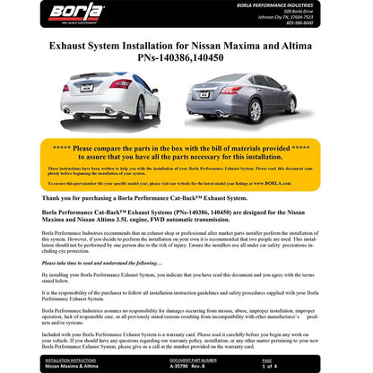 Borla Cat-Back Exhaust System - S-Type | 2009-2014 Nissan Maxima 3.5L (140386)