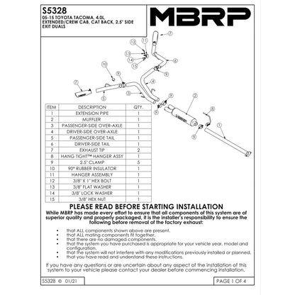 MBRP 2.5in. Dual Split Side Cat-Back Exhaust | Toyota Tacoma 4.0L EC/CC (05-13) (S5328AL)