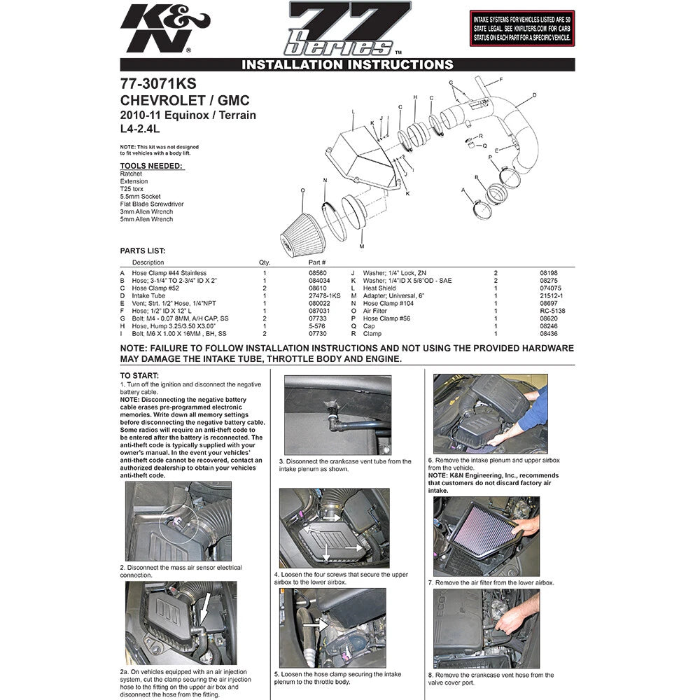 K&N Engineering High Flow Performance Kit: Chevy Equinox 2.4L-L4 / GMC Terrain 2010