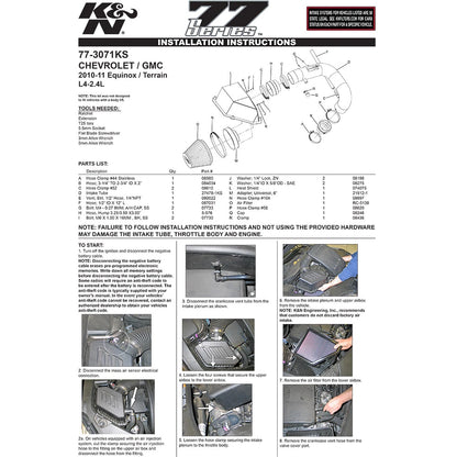 K&N Engineering High Flow Performance Kit: Chevy Equinox 2.4L-L4 / GMC Terrain 2010