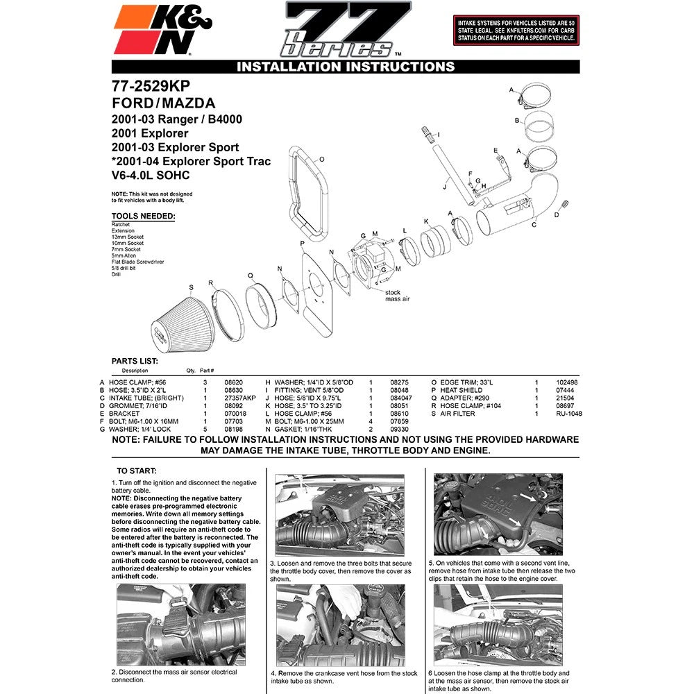 K&N Engineering High Flow Performance Kit: Ford Ranger 2001 - 2004 V6 4.0L