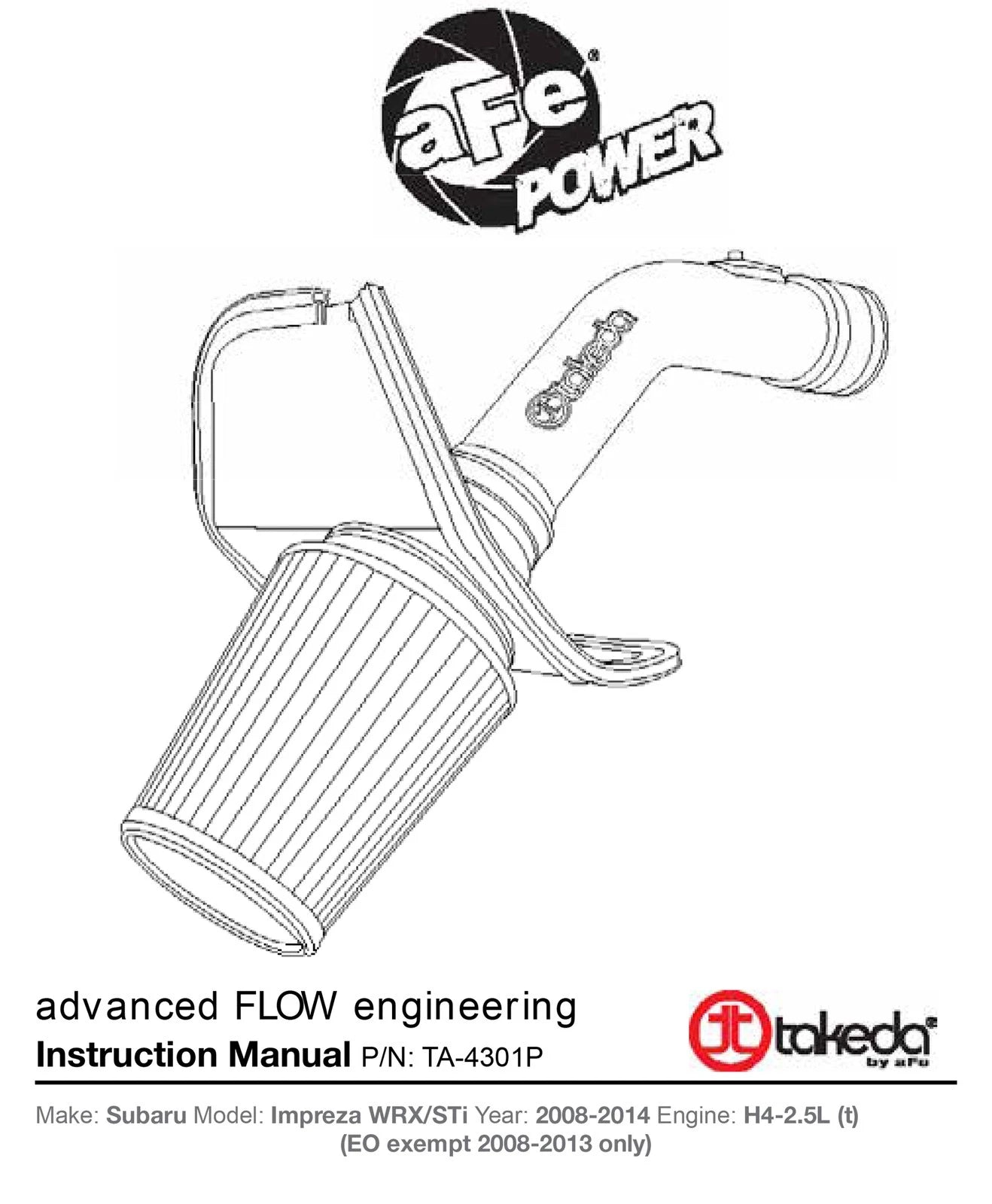 aFe Takeda Stage-2 Pro DRY S Cold Air Intake System | Subaru WRX/STI (08-14) (TA-4301P)