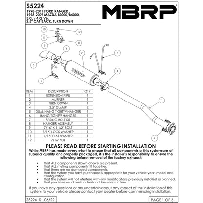 MBRP Armor Lite 3/4L Cat Back D&S Exhaust | Ford Ranger (98-11) (S5224AL)