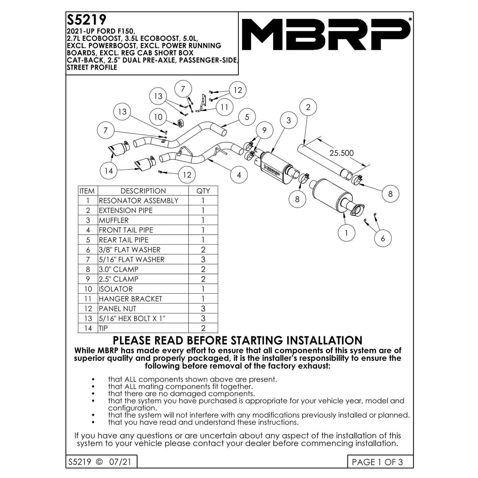 MBRP Aluminized Dual Pre-Axle Cat Back Exhaust w/ 2.5in OD Tips | Ford F150 (21+) (S5219AL)