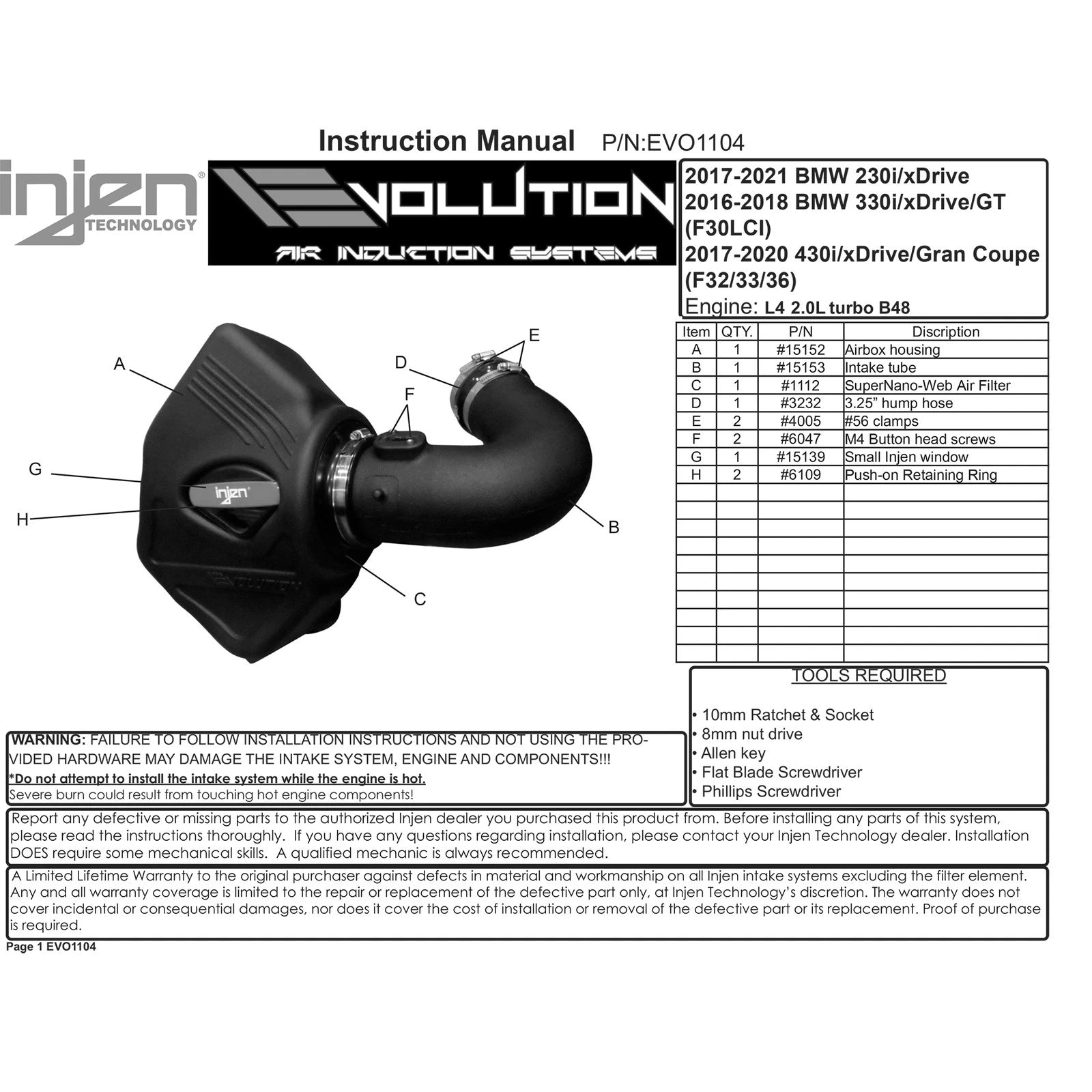 Injen Cold Air Intake | BMW 2 Series F22/F23 (13-21), 3 Series F30/F31/F34 (11-19), 4 Series F32/F33/F36 (13-21), G22/G23 (20-24) (EVO1104)