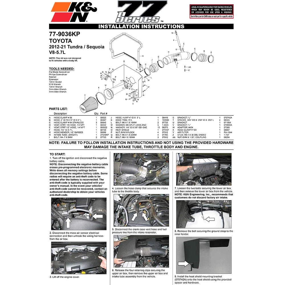 K&N High Flow Performance Intake | Toyota Tundra (12) 5.7L (77-9036KP)