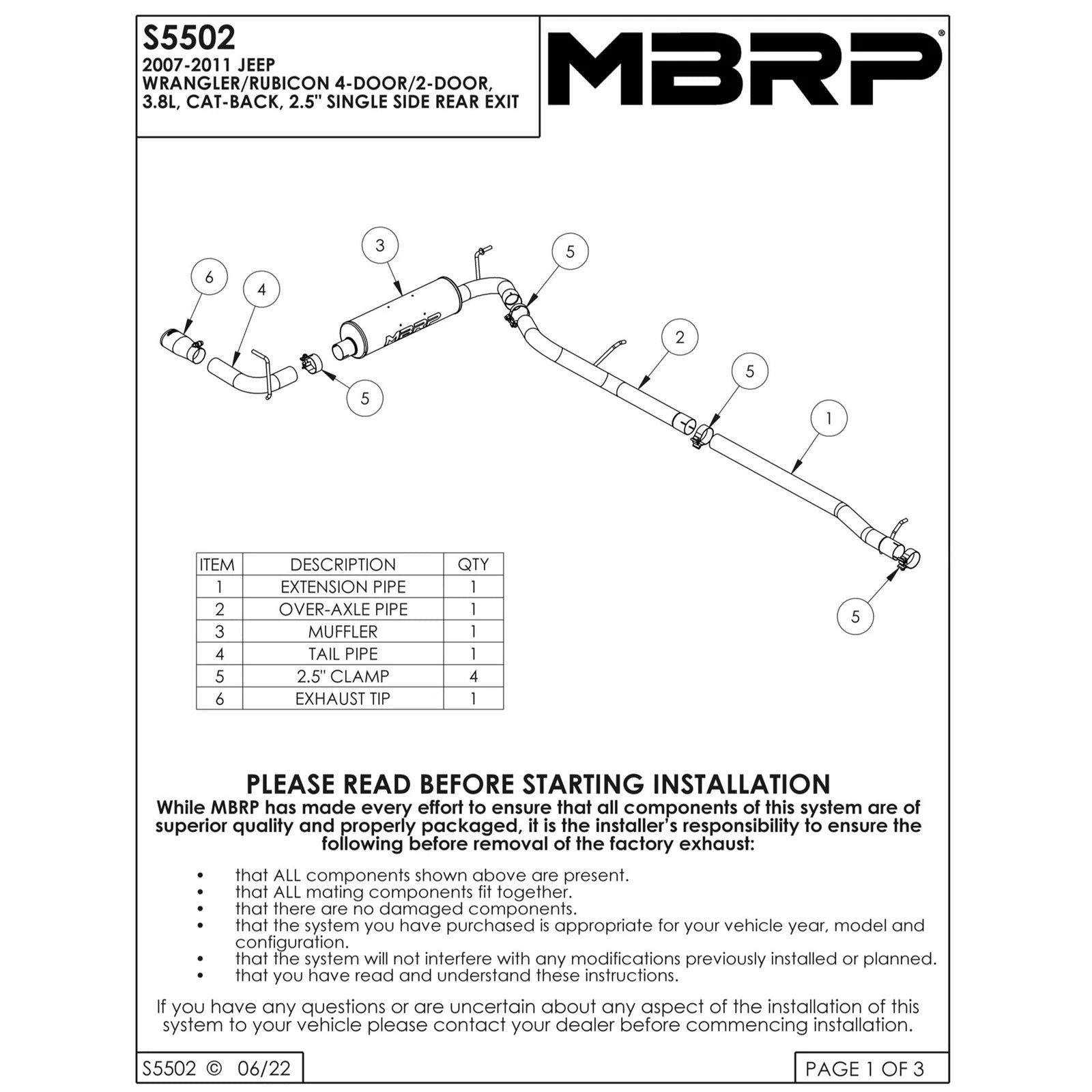 MBRP 2.5in. Cat-Back Single Rear Exit Exhaust | Jeep Wrangler 4dr 3.8L V6 (07-09) (S5502AL)