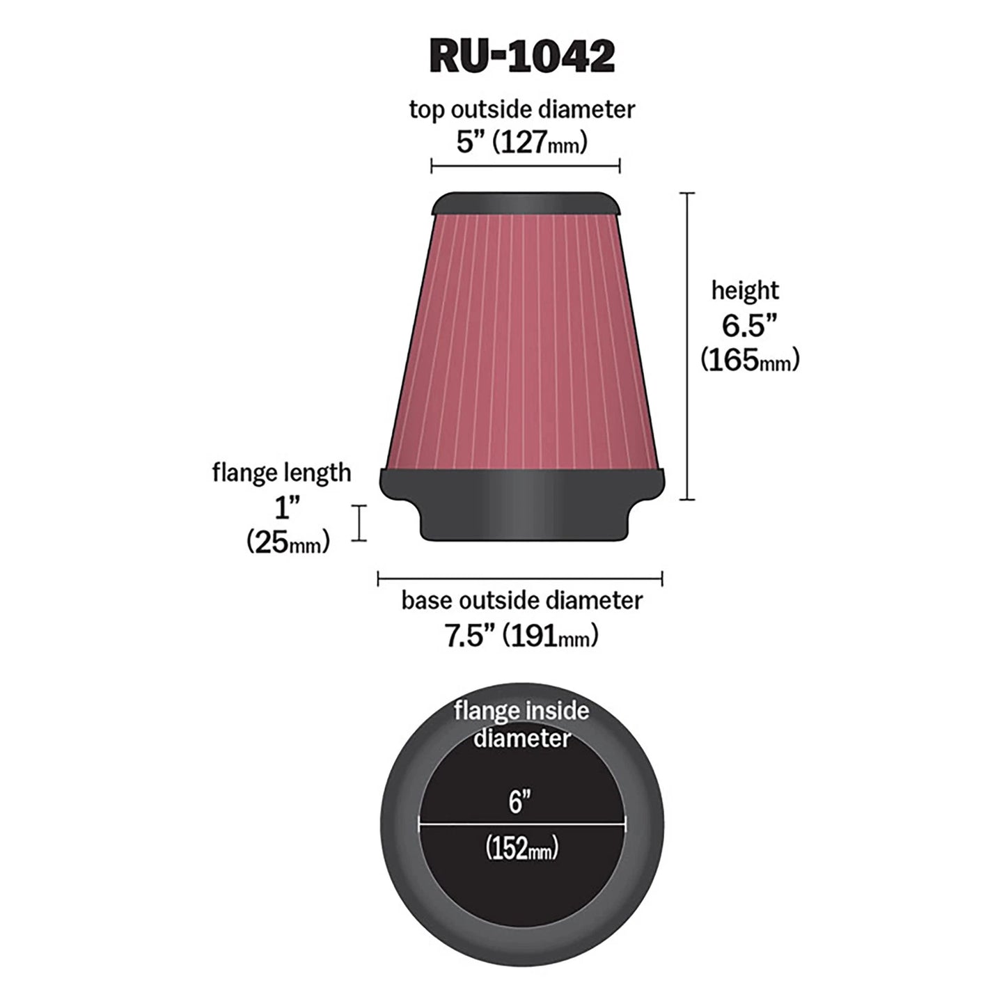 K&N RU-1042 Universal Round Tapered Performance Washable Air Filter for Intake