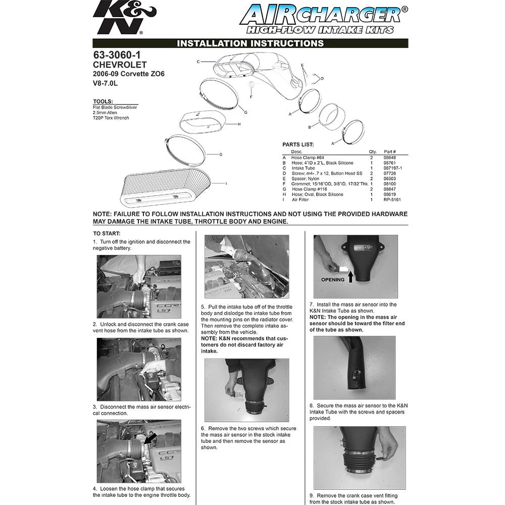 K&N 63-3060-1 Performance Cold Air Intake Kit for 2006-2009 Corvette Z06 7.0L V8