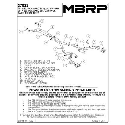 MBRP 3in Black Race D& S Dual Cat-Back | Camaro V8 6.2L 16 (S7033BLK)