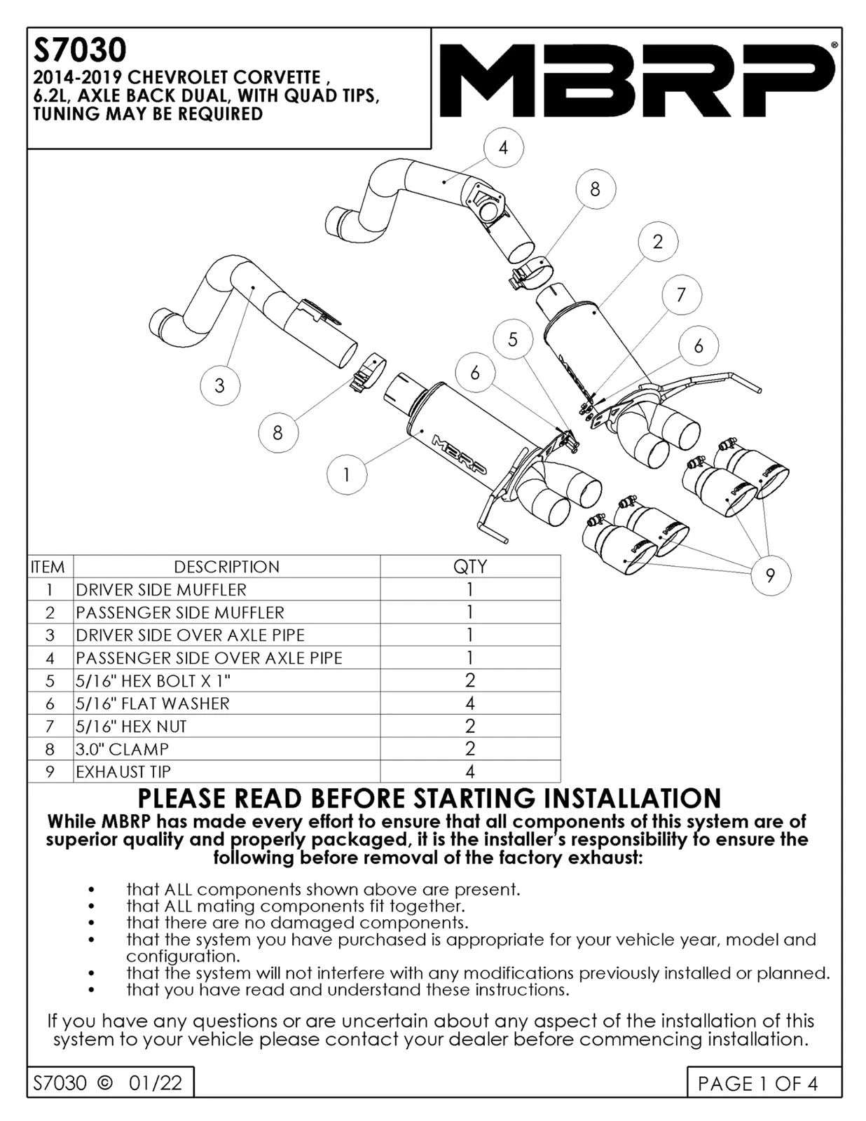 MBRP Stainless Steel 3" Axle-Back w/ Quad Tips | 2014 - 2019 Chevrolet Corvette (S7030)