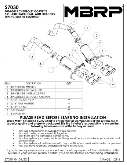 MBRP Stainless Steel 3" Axle-Back w/ Quad Tips | 2014 - 2019 Chevrolet Corvette (S7030)