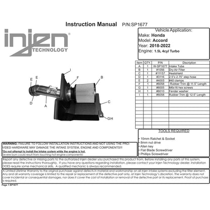 Injen 18-20 Honda Accord L4-1.5L Turbo Short Ram Intake System | Honda Accord (13-20) / Civic VIII (06-11) / Acura TLX / Civic X (16-22) (SP1677P)