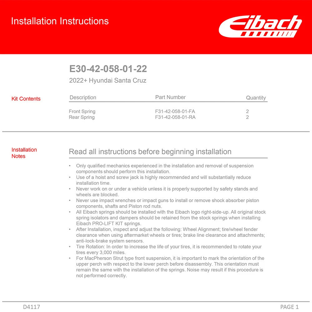 Eibach Pro-Lift Suspension Lift Kit for 2022-2023 Hyundai Santa Cruz