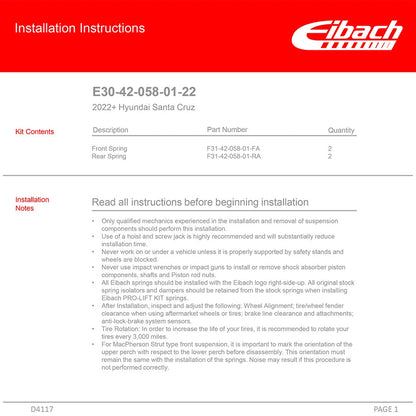 Eibach Pro-Lift Suspension Lift Kit for 2022-2023 Hyundai Santa Cruz