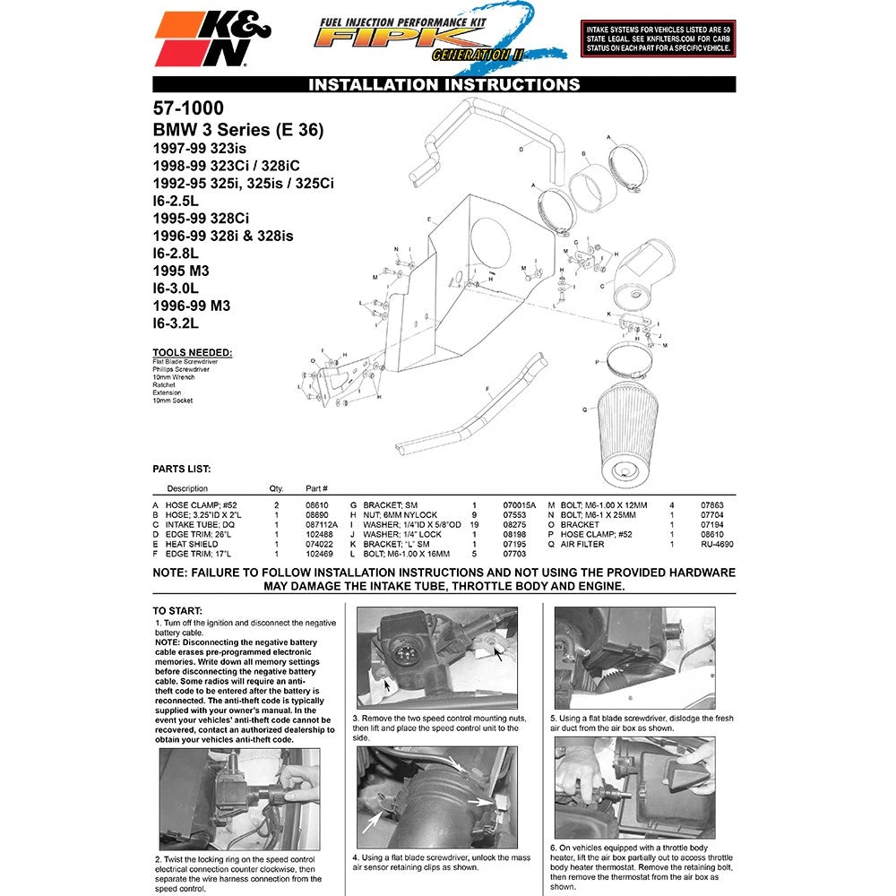 K&N Engineering Performance Intake Kit: BMW 3 Series 1992 - 1999