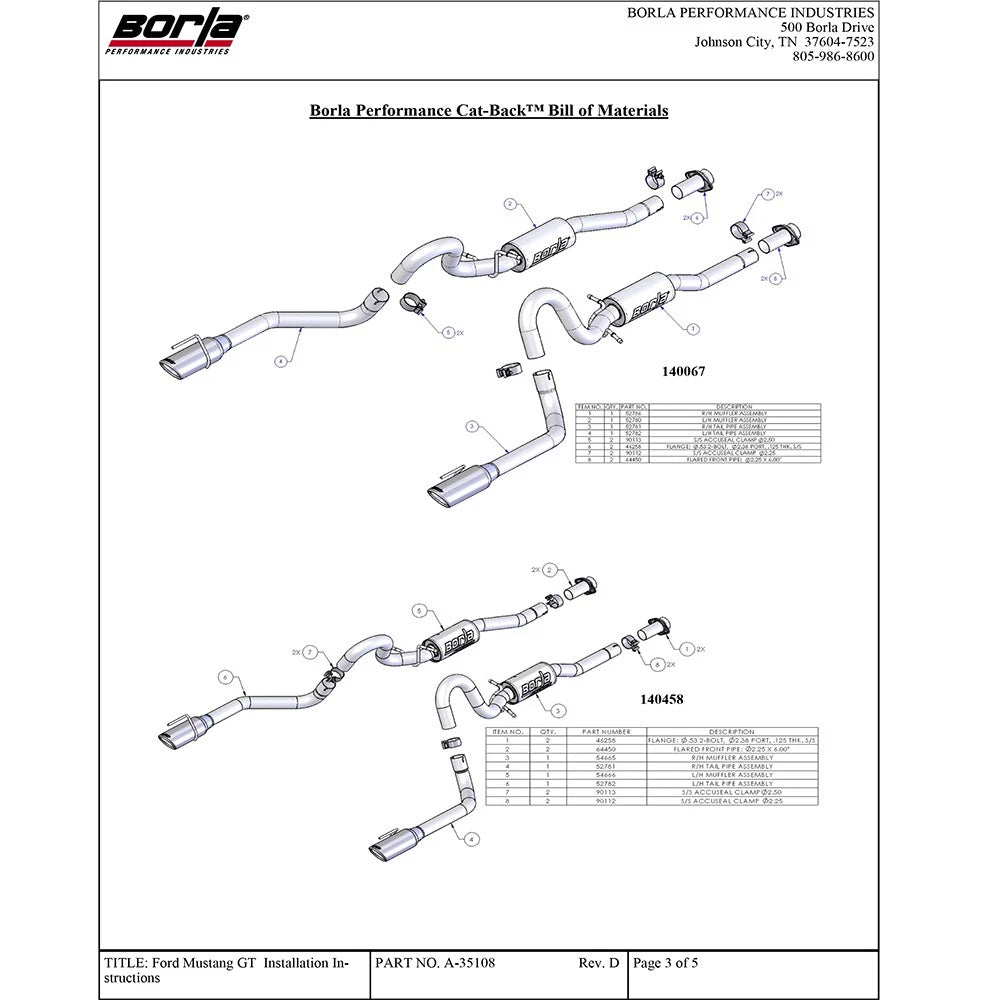 Borla Cat-Back Exhaust System - S-Type | 1999-2004 Ford Mustang 4.6L (140067)