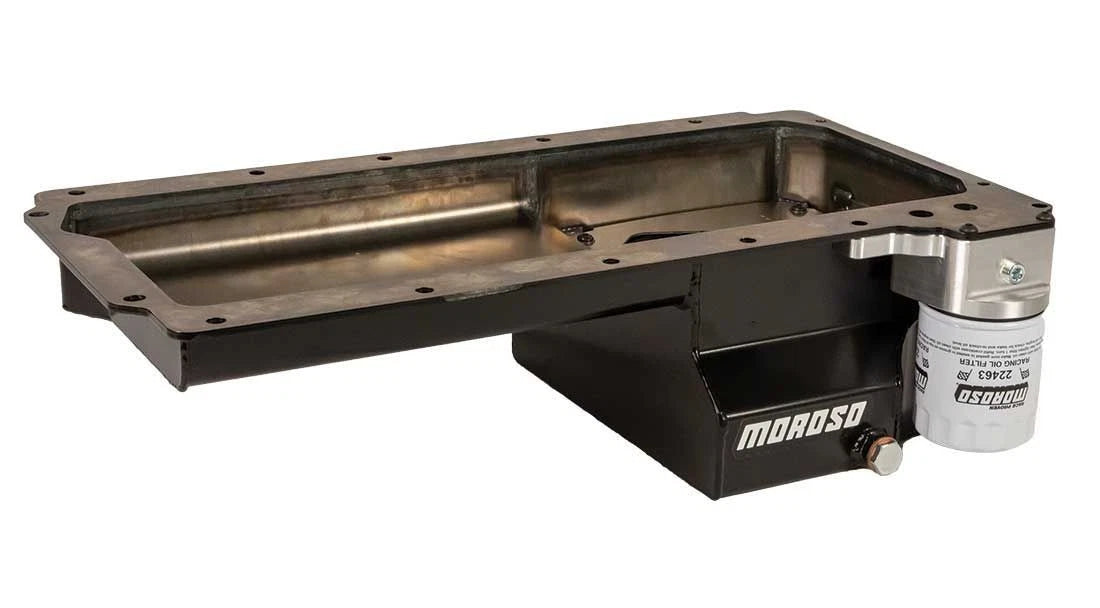 Moroso GM LS Swap/Early F-Body (w/Rear Sump/Spin-On Filter Adapter) Wet Sump 6in Steel Oil Pan - Blk
