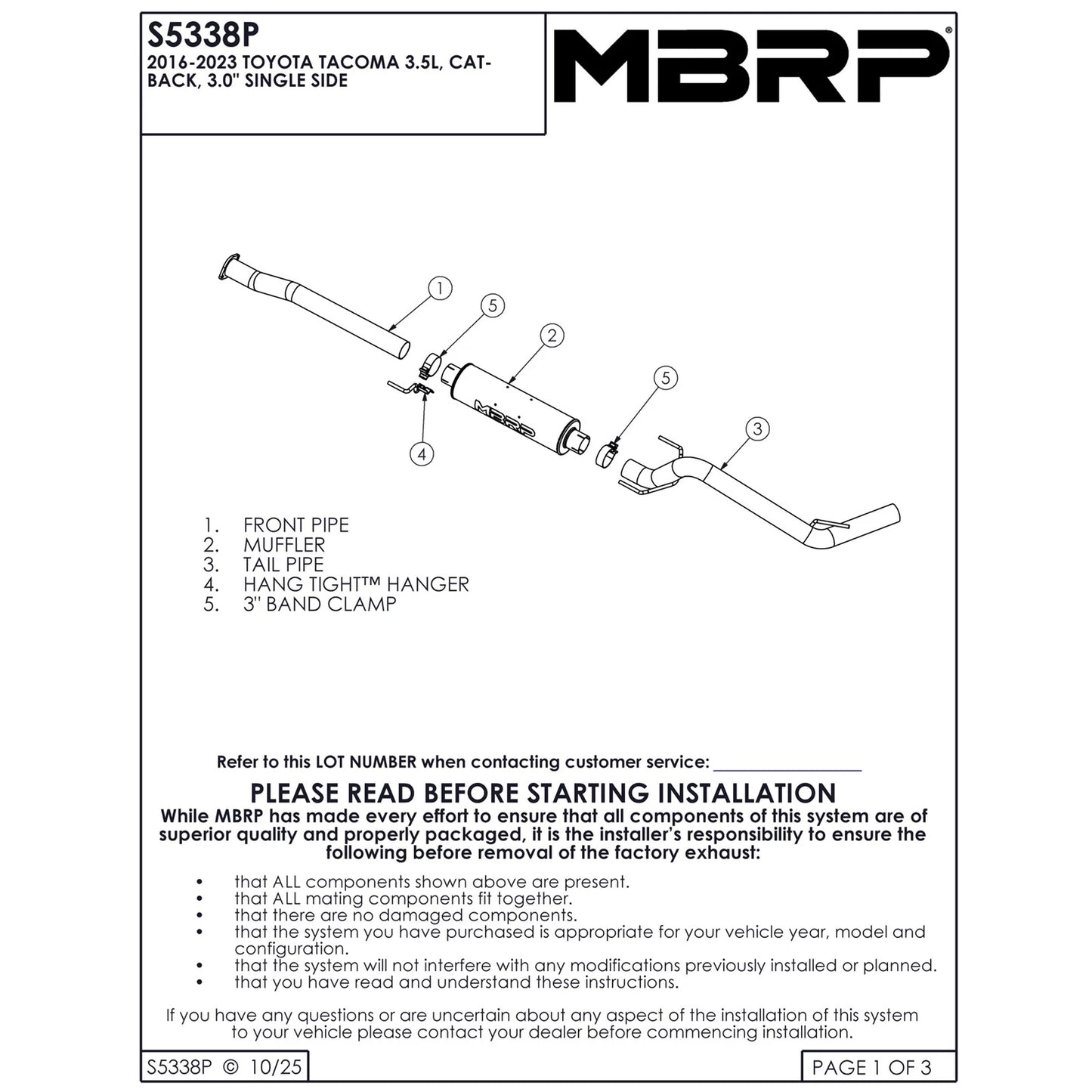 MBRP 3in Cat-Back Single Side Exit Aluminum Exhaust System | Toyota Tacoma 3.5L (16-19) (S5338P)