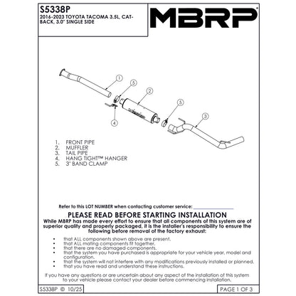MBRP 3in Cat-Back Single Side Exit Aluminum Exhaust System | Toyota Tacoma 3.5L (16-19) (S5338P)