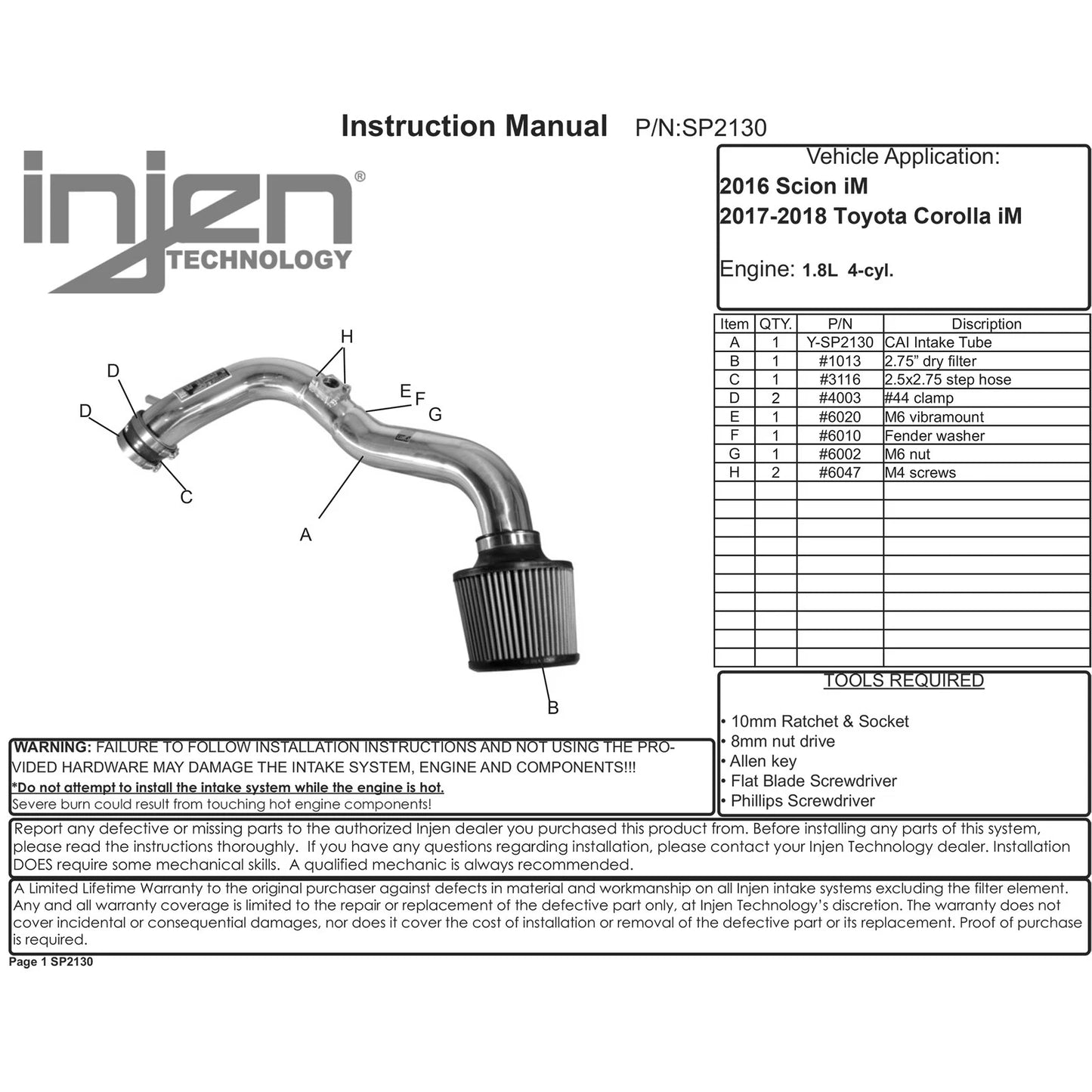 Injen Black Cold Air Intake | Toyota Yaris / Corolla / Passat (2005-2021) (SP2130BLK)