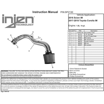 Injen Black Cold Air Intake | Toyota Yaris / Corolla / Passat (2005-2021) (SP2130BLK)