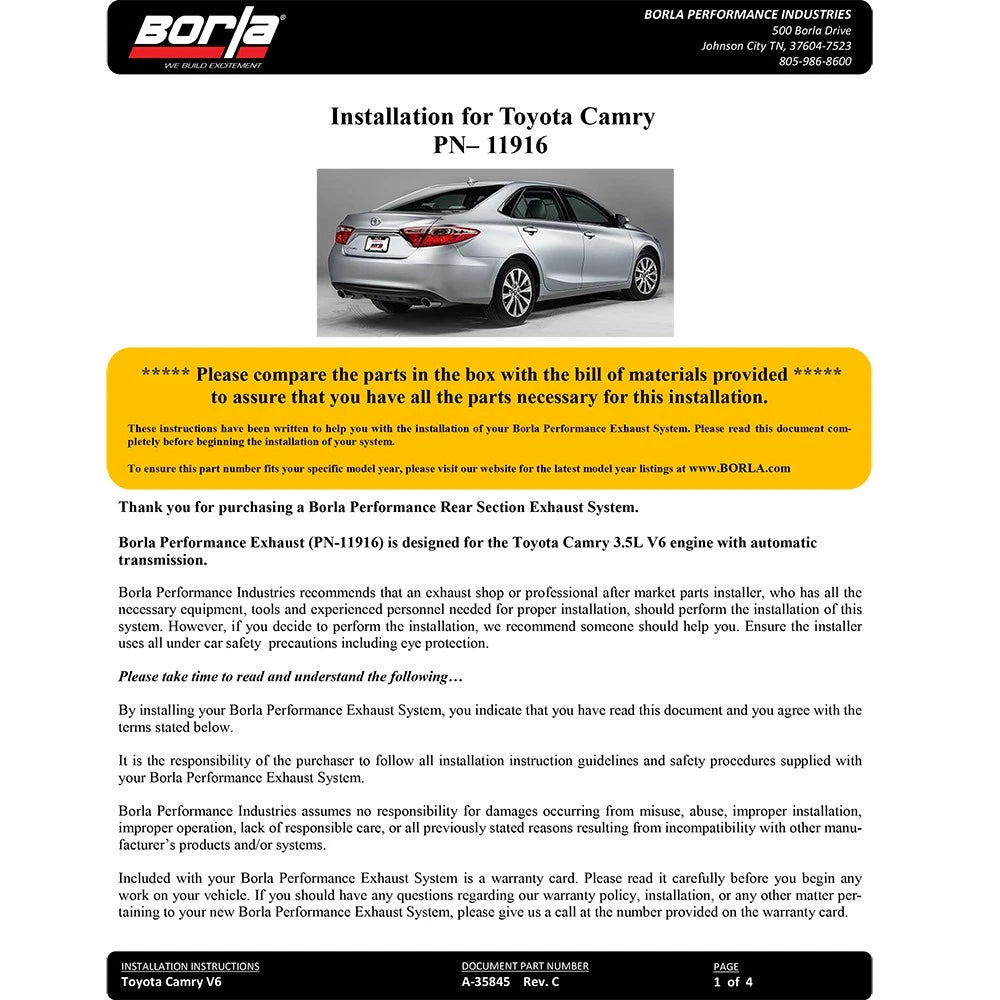 Borla Axle-Back Exhaust System - S-Type | 2014-2017 Toyota Camry 3.5L (11916)