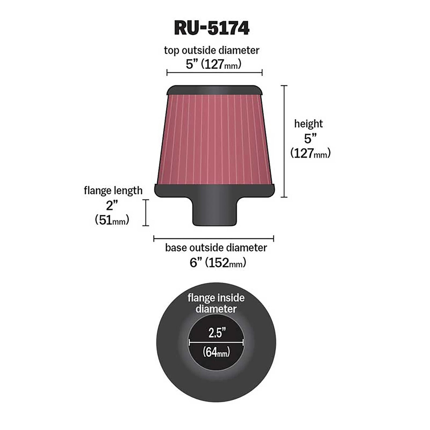 K&N RU-5174 Universal Round Tapered Performance Washable Air Filter for Intake