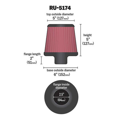 K&N RU-5174 Universal Round Tapered Performance Washable Air Filter for Intake