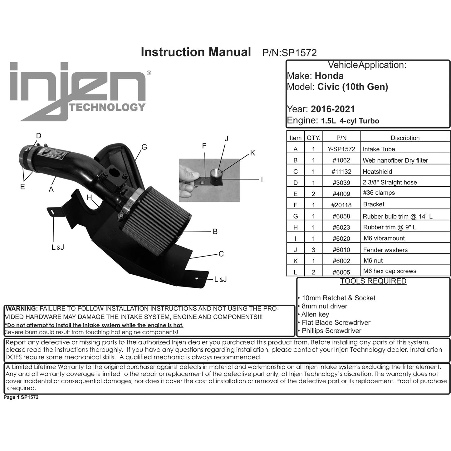 Injen 2016+ Honda Civic 1.5L Turbo Black Short Ram Air Intake | Honda Accord (03-20) / Civic IX/X (11-22) / Civic Type R FK8 / Acura RLX (SP1572BLK)