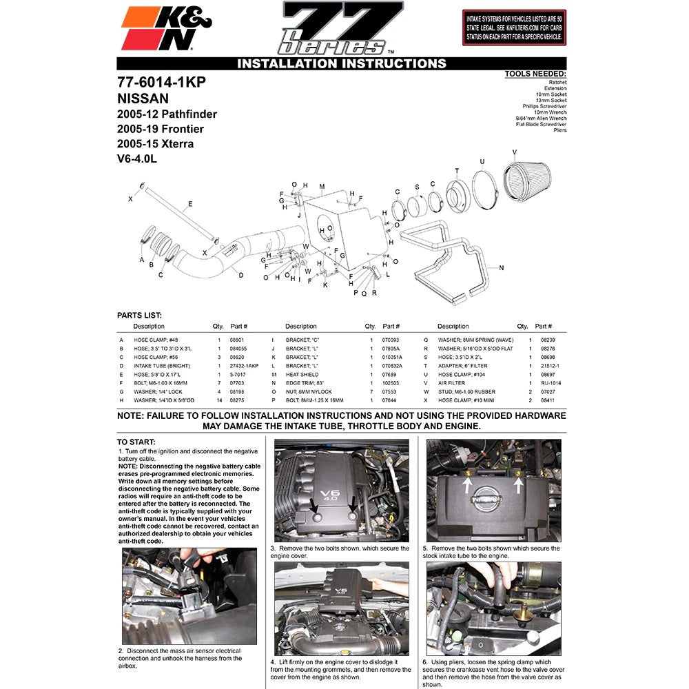 K&N 77 Series High Flow Performance Kit | Nissan Pathfinder / Xterra / Frontier (05-09) (77-6014-1KP)