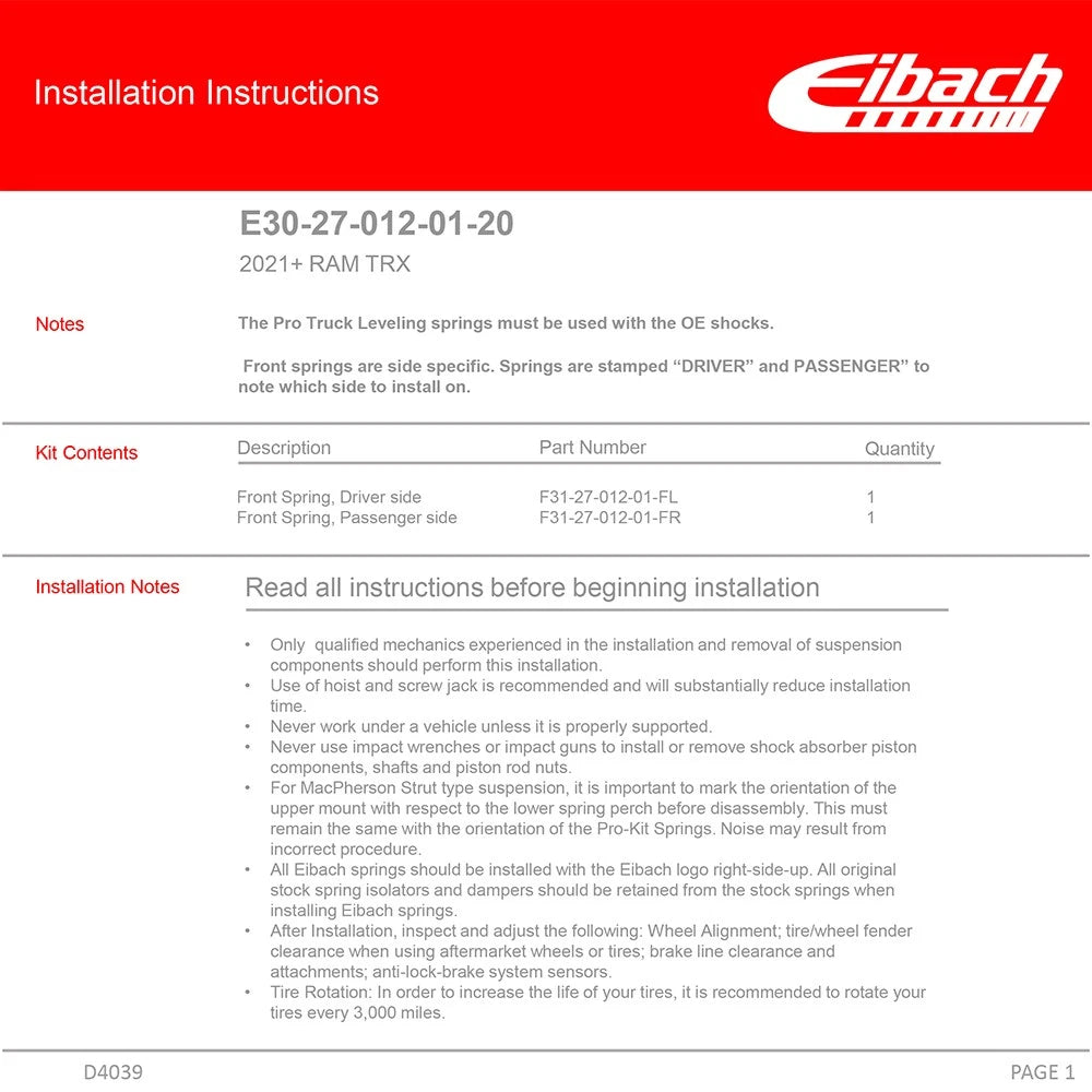 Eibach Pro-Kit Front Lift Springs for 2021-2023 Ram TRX 6.2L Supercharged Crew Cab 4WD