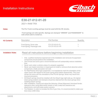 Eibach Pro-Kit Front Lift Springs for 2021-2023 Ram TRX 6.2L Supercharged Crew Cab 4WD