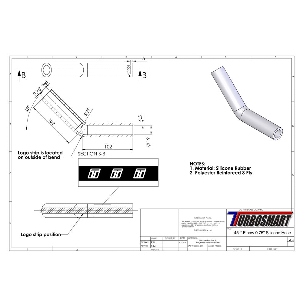 Turbosmart 45deg Elbow 0.75" (TS-HE45075-BK)