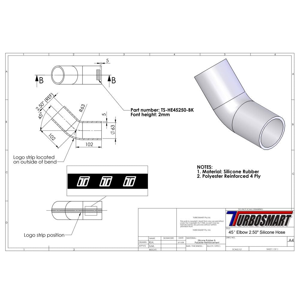 Turbosmart 45deg Elbow 2.50" (TS-HE45250-BK)